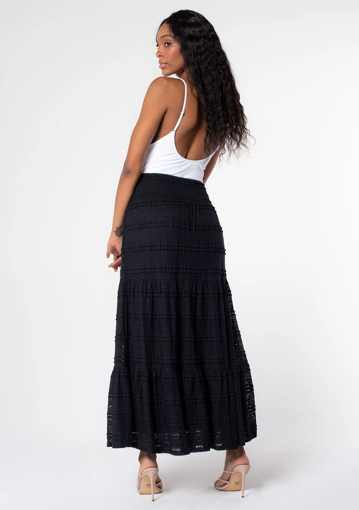 Smocked Tiered Lace Maxi Skirt