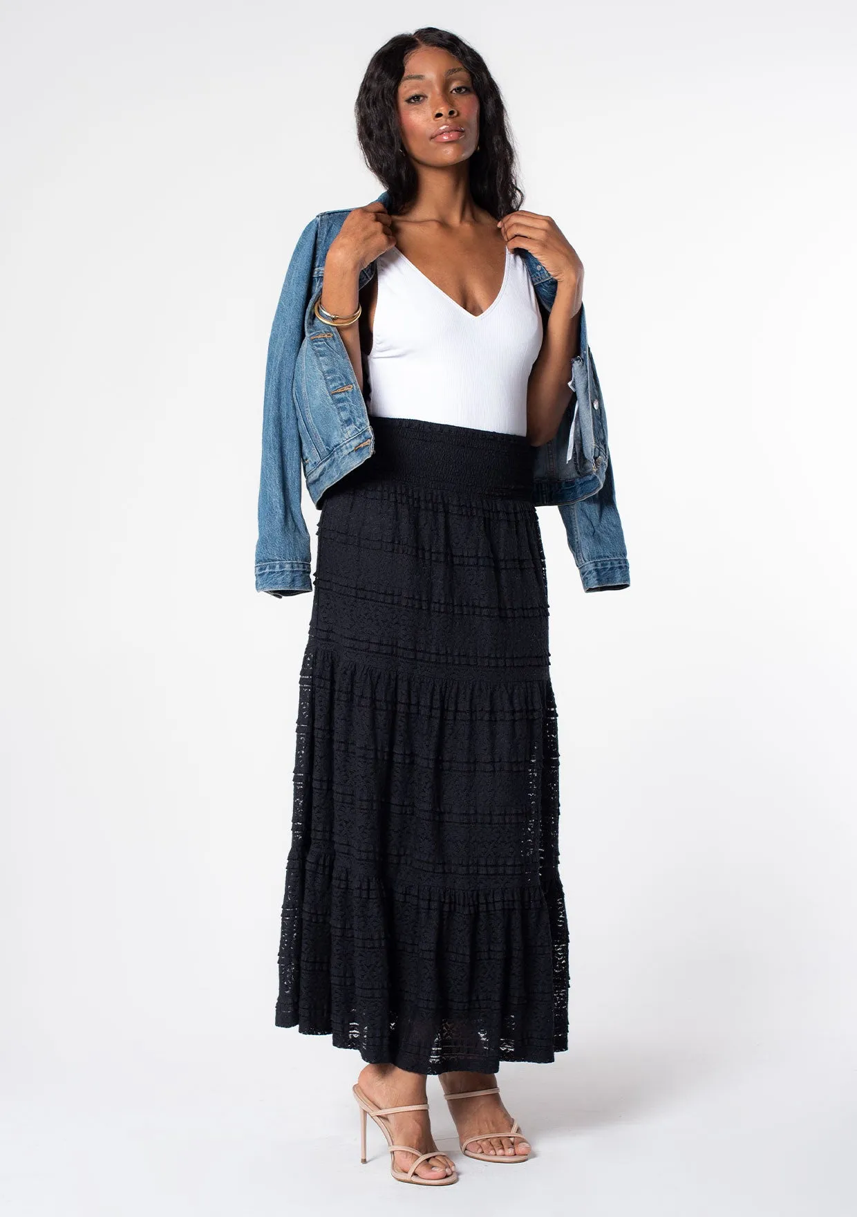 Smocked Tiered Lace Maxi Skirt