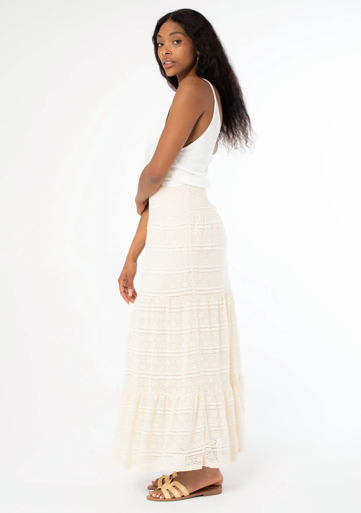 Smocked Tiered Lace Maxi Skirt