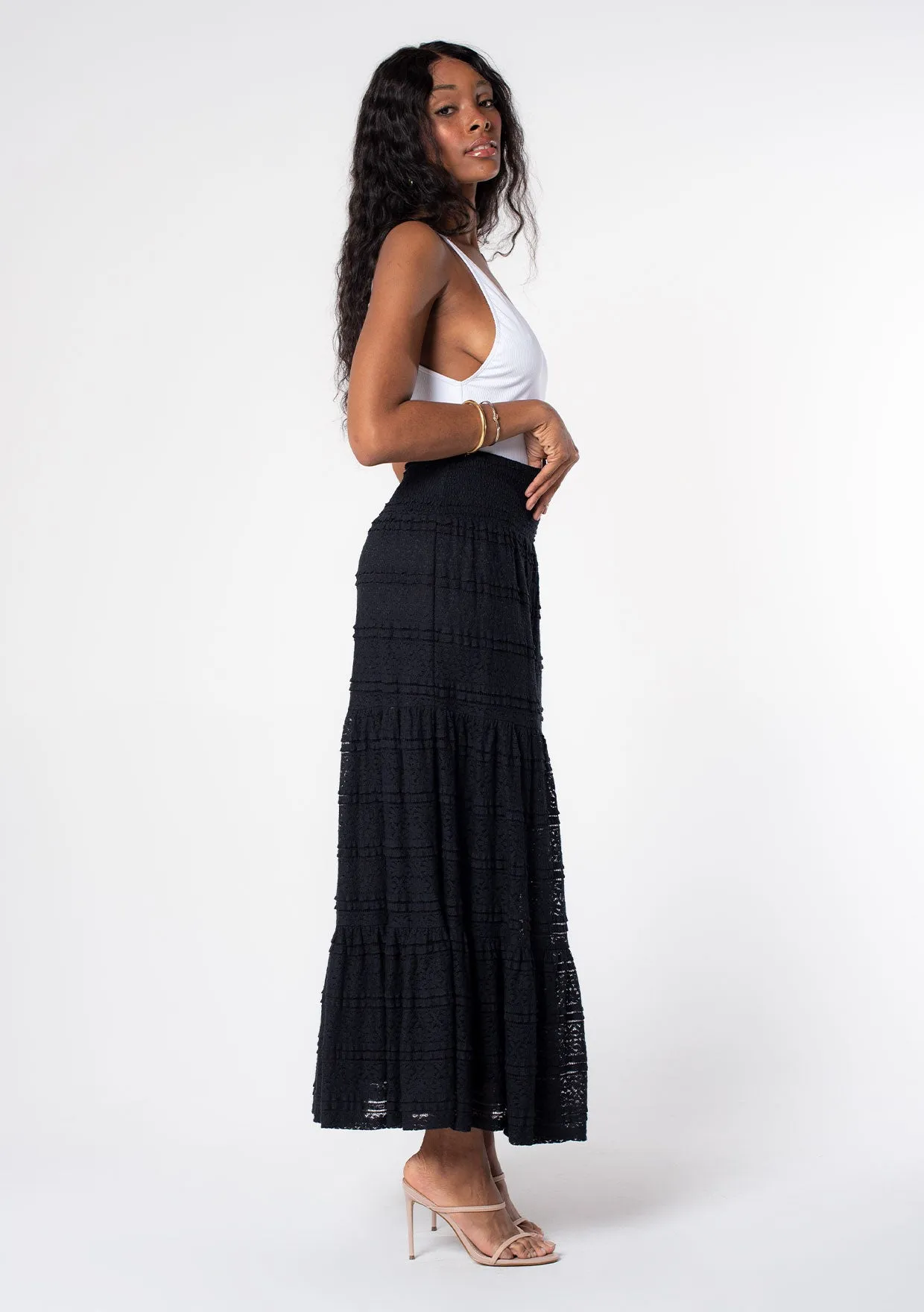Smocked Tiered Lace Maxi Skirt