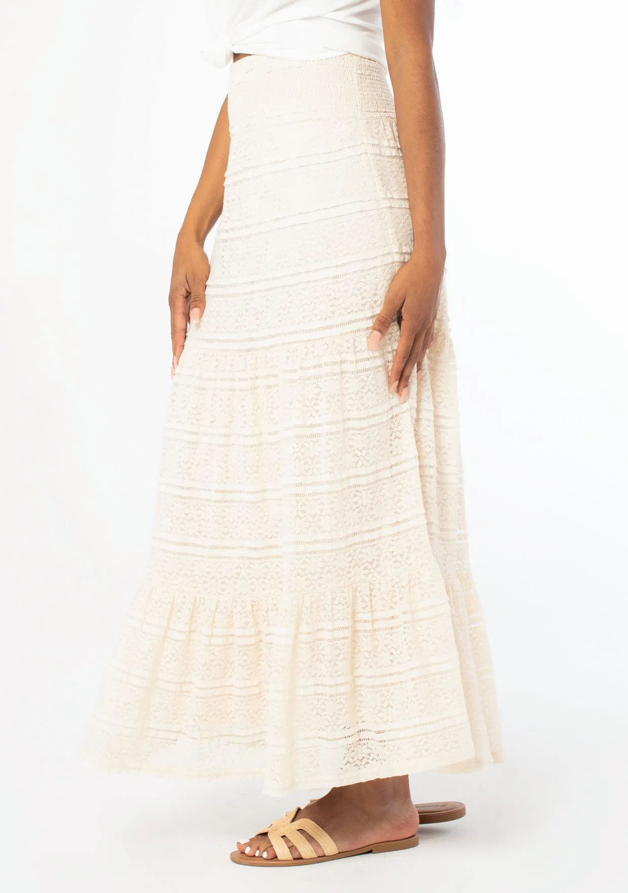 Smocked Tiered Lace Maxi Skirt