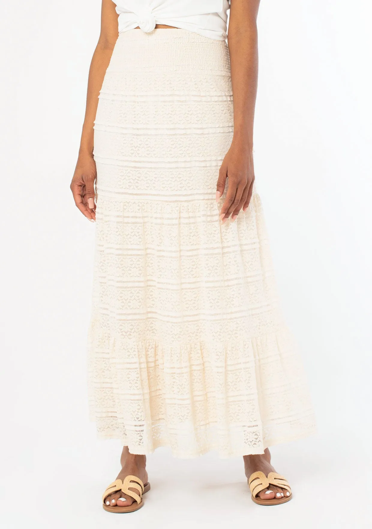 Smocked Tiered Lace Maxi Skirt