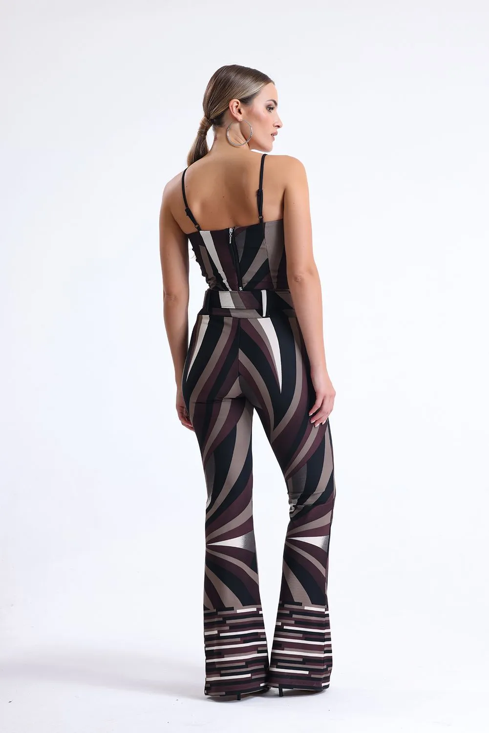 SNS Sense Coffee Beige Black Patterned Ottoman Belted Pants - Tomelloso