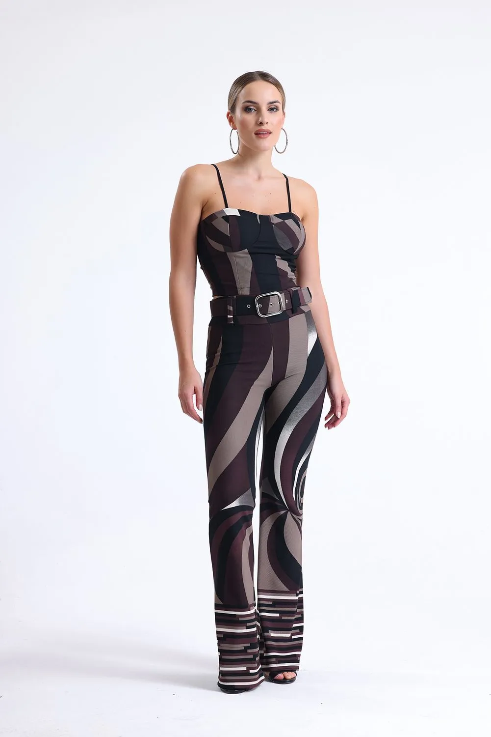 SNS Sense Coffee Beige Black Patterned Ottoman Belted Pants - Tomelloso