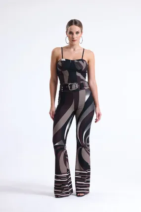 SNS Sense Coffee Beige Black Patterned Ottoman Belted Pants - Tomelloso
