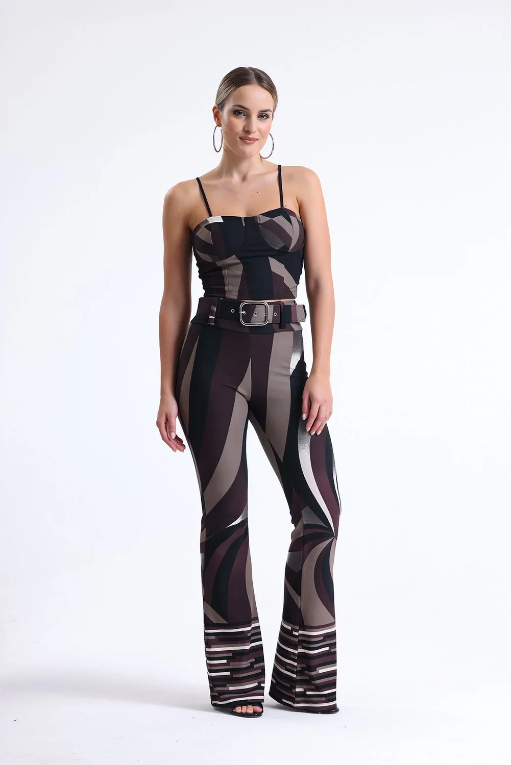 SNS Sense Coffee Beige Black Patterned Ottoman Belted Pants - Tomelloso