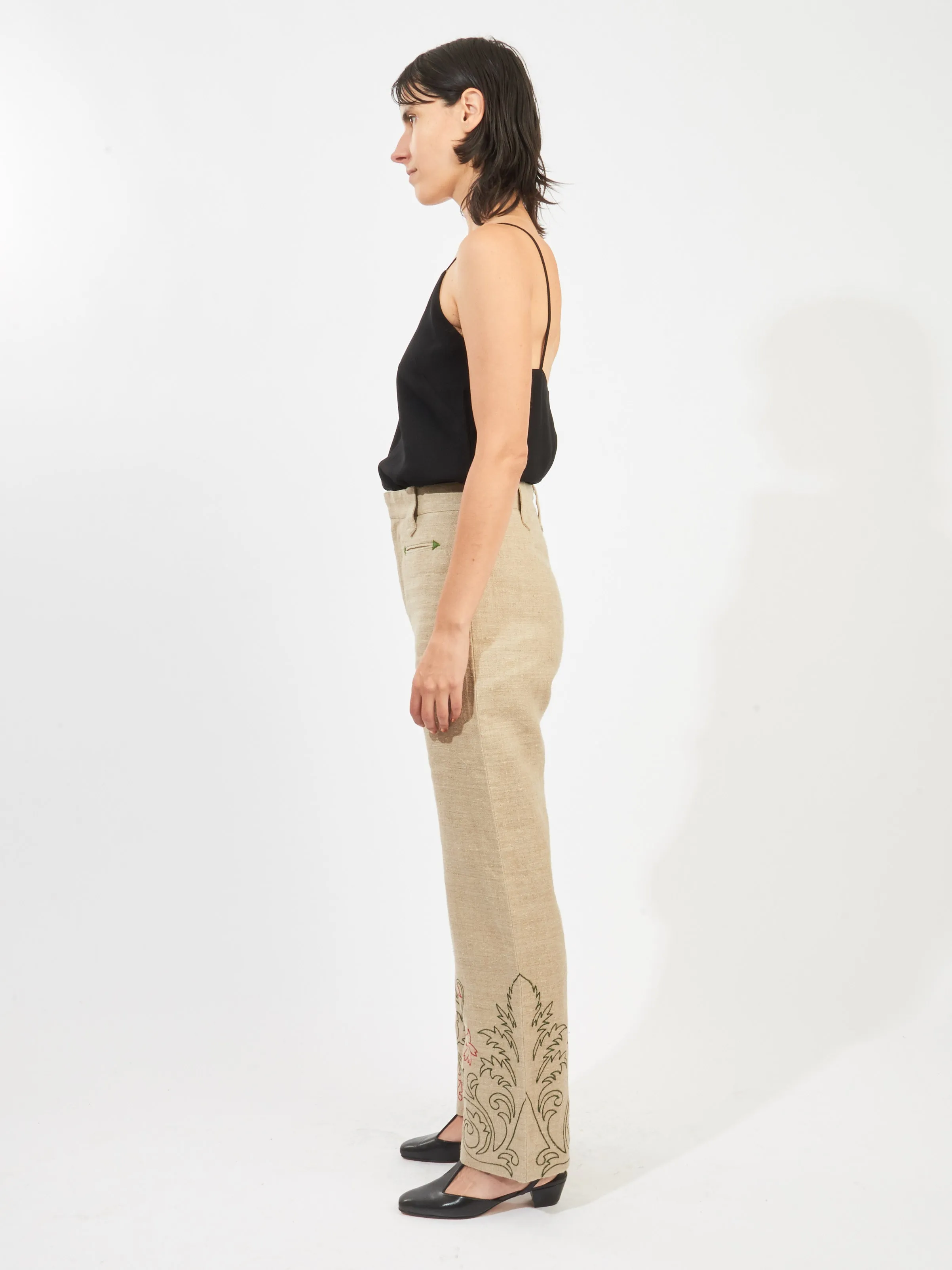 Tan Embroidered Trumpet Flower Murphy Trouser