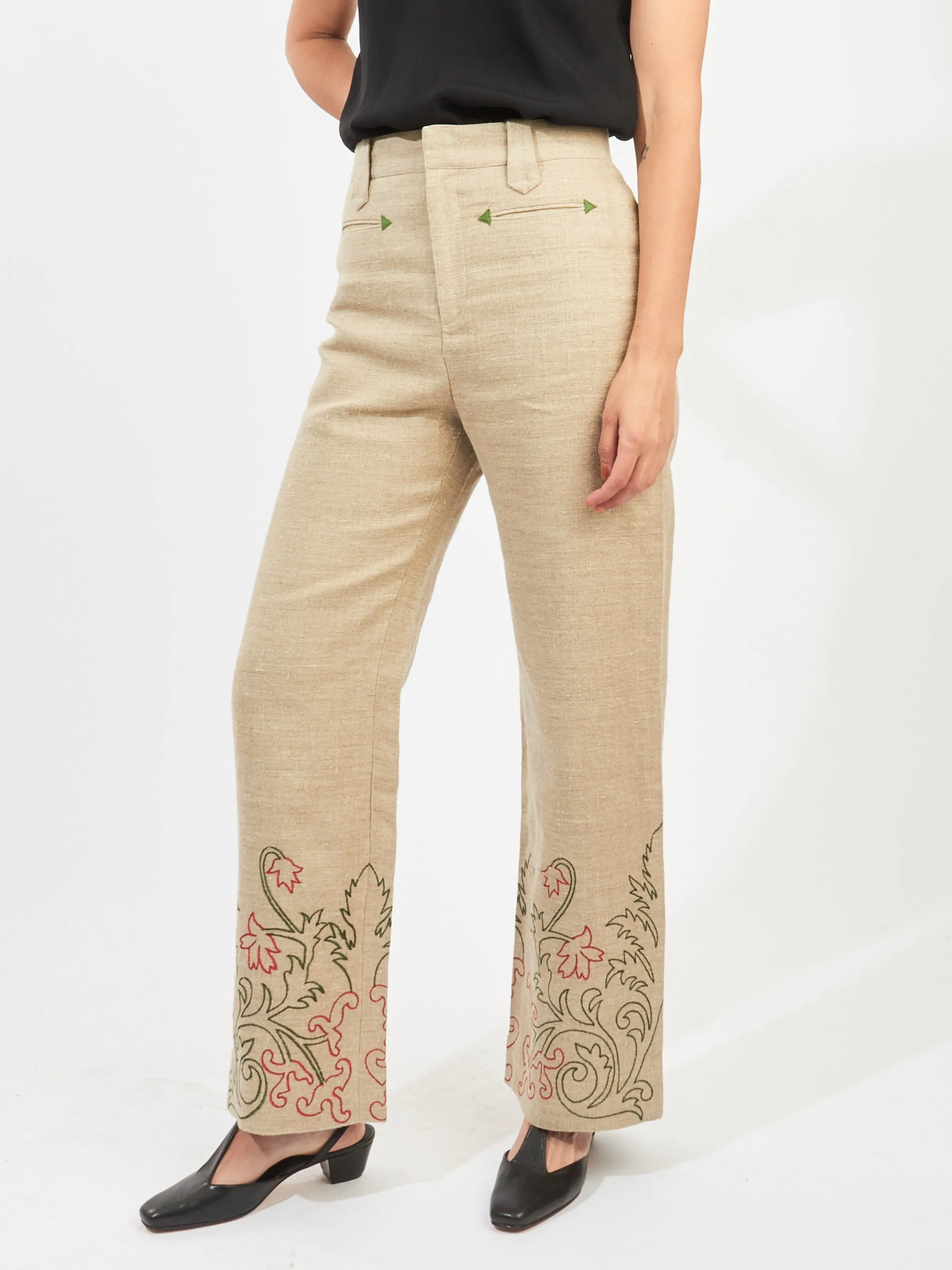 Tan Embroidered Trumpet Flower Murphy Trouser