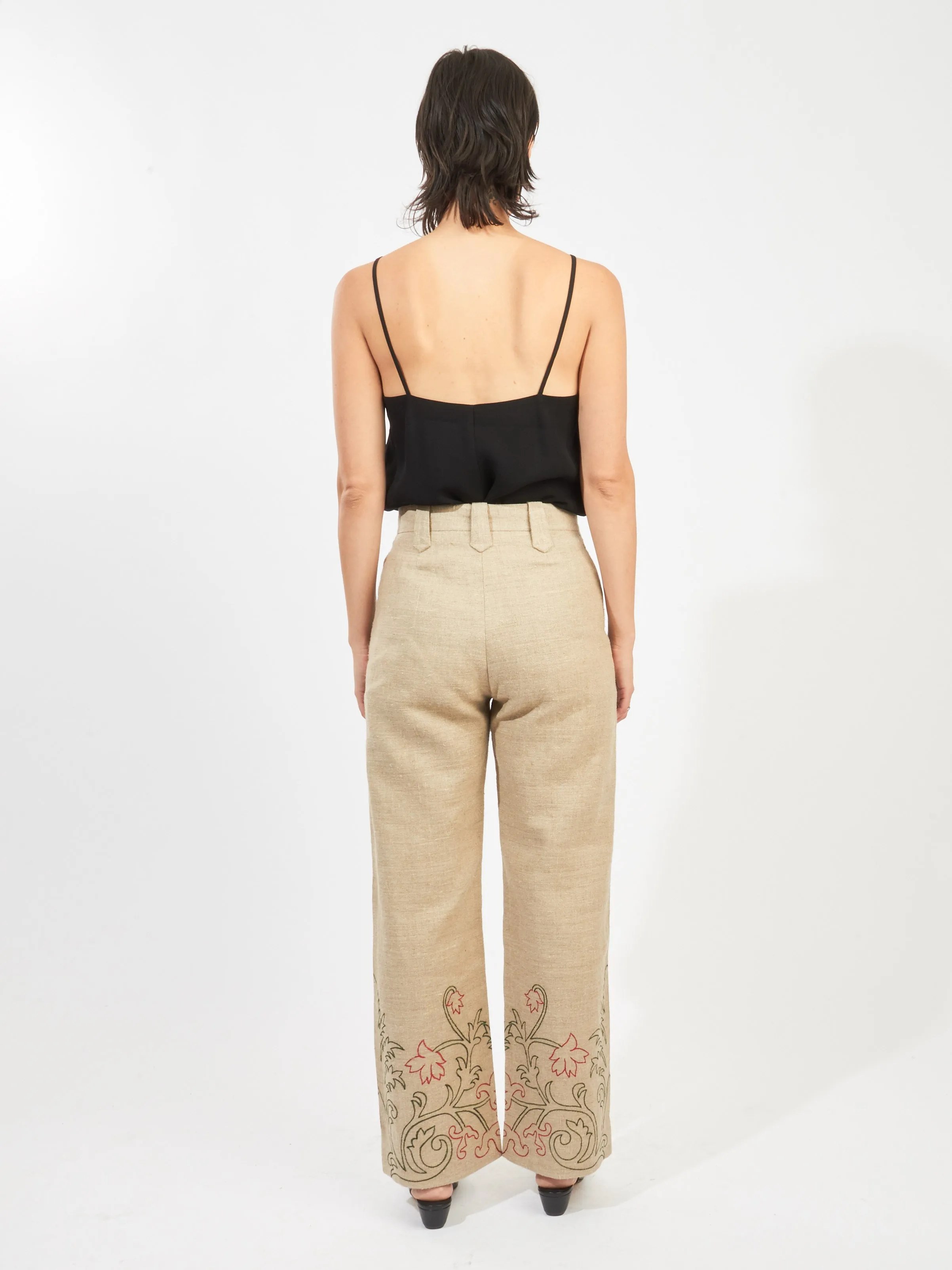 Tan Embroidered Trumpet Flower Murphy Trouser