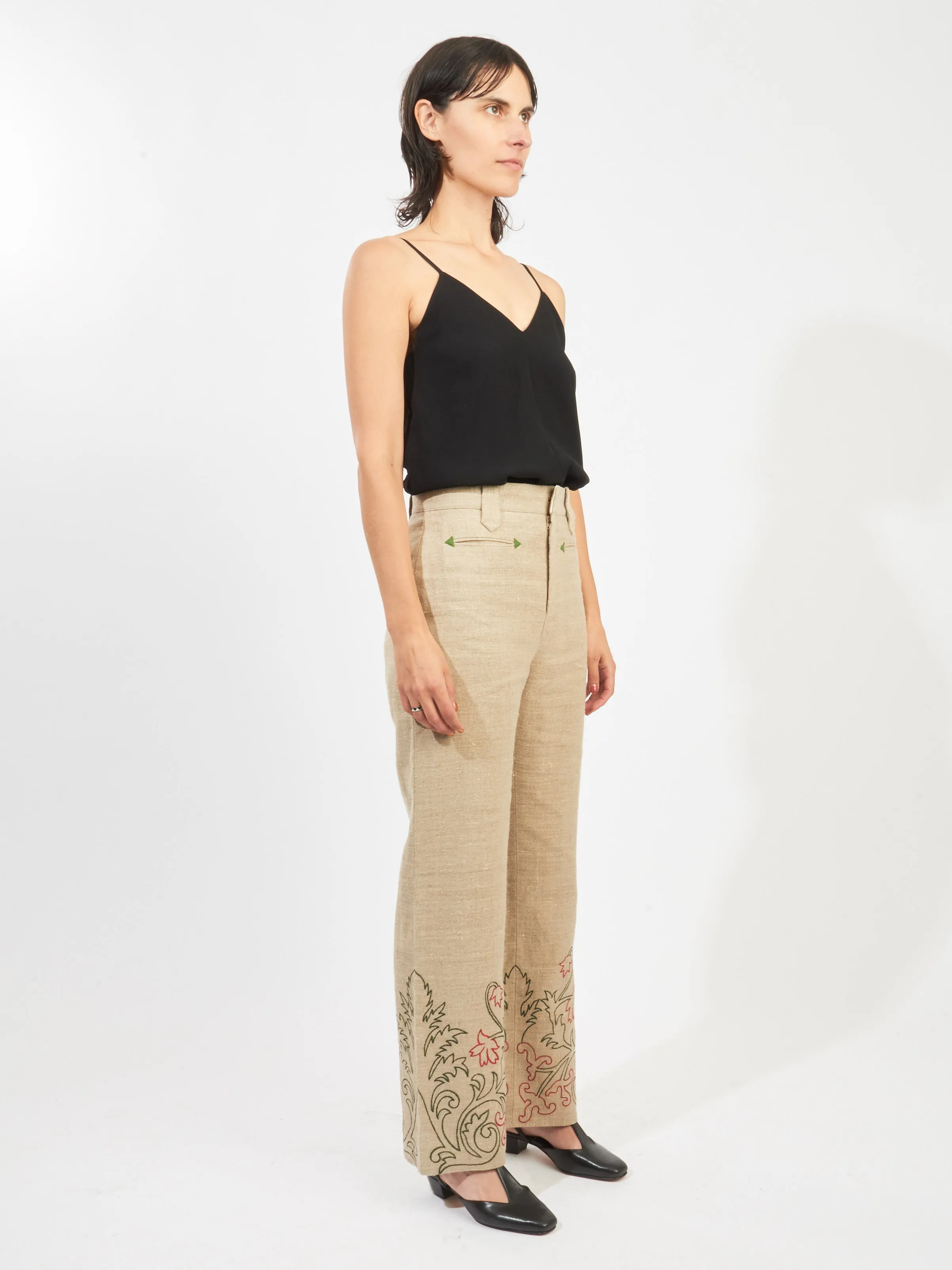 Tan Embroidered Trumpet Flower Murphy Trouser