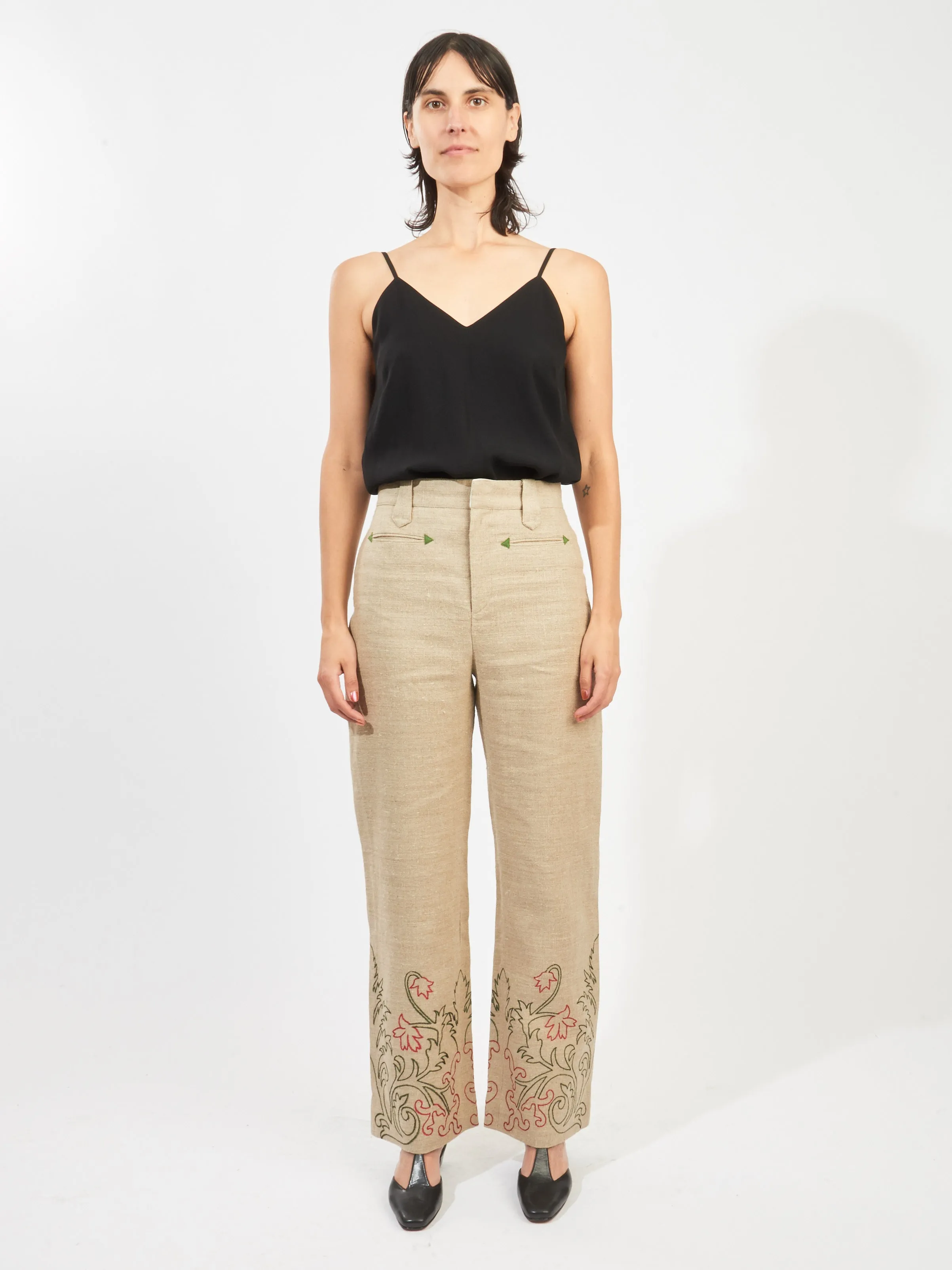 Tan Embroidered Trumpet Flower Murphy Trouser