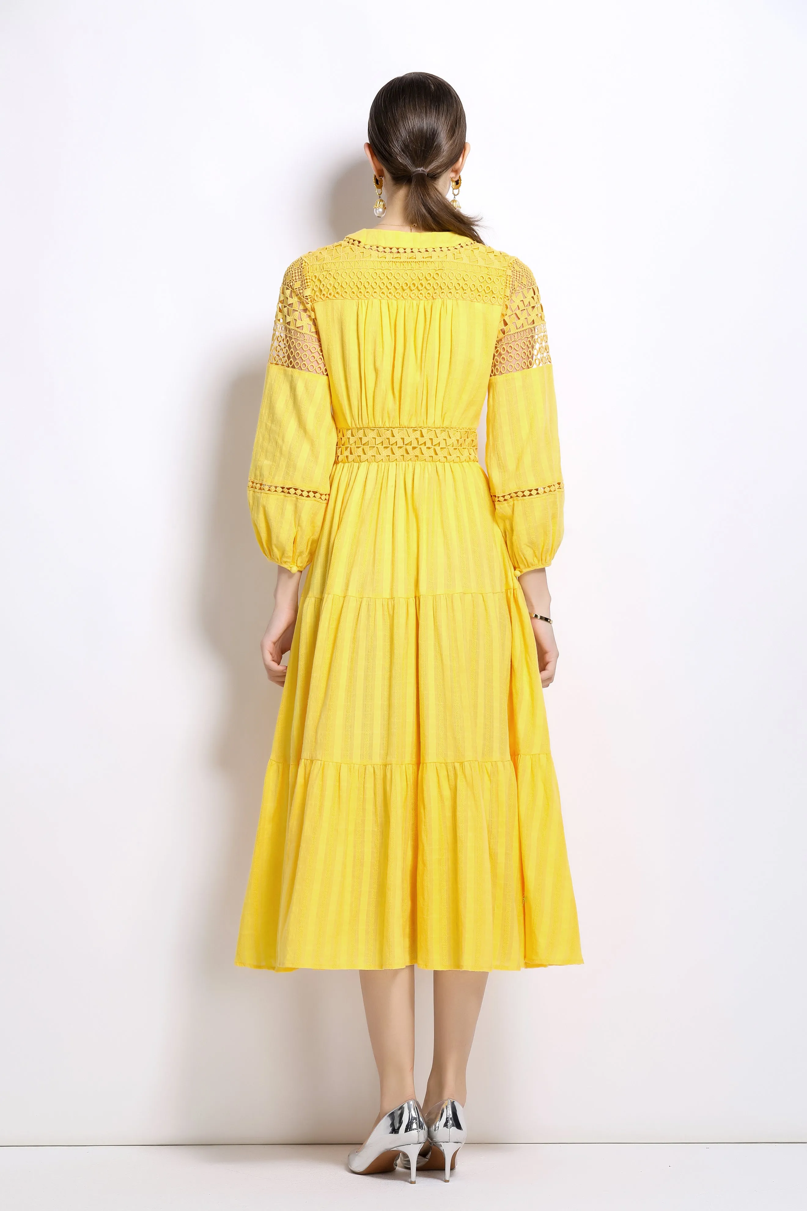 V-neck Balloon Sleeves Lace Buttons Maxi Dress