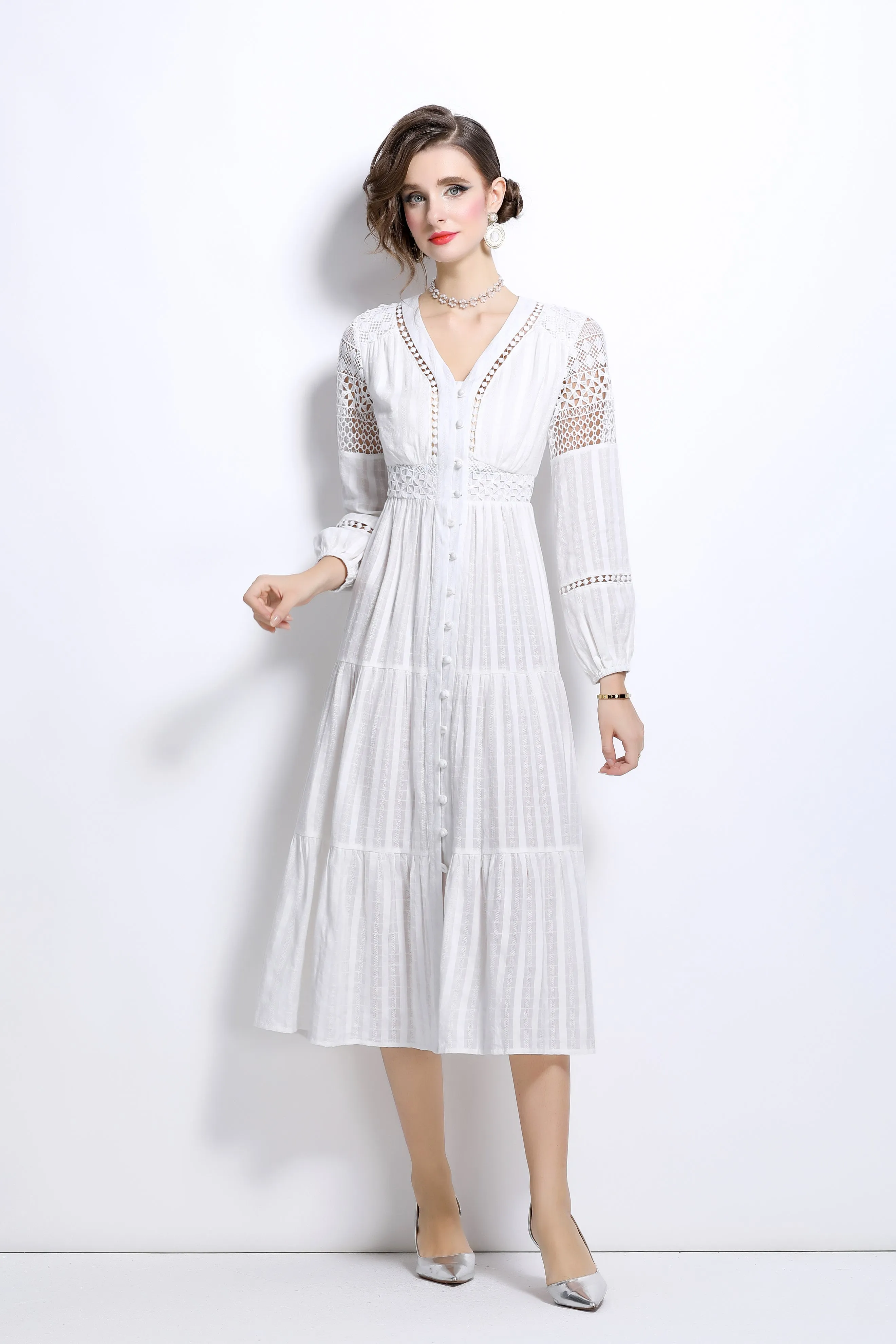 V-neck Balloon Sleeves Lace Buttons Maxi Dress