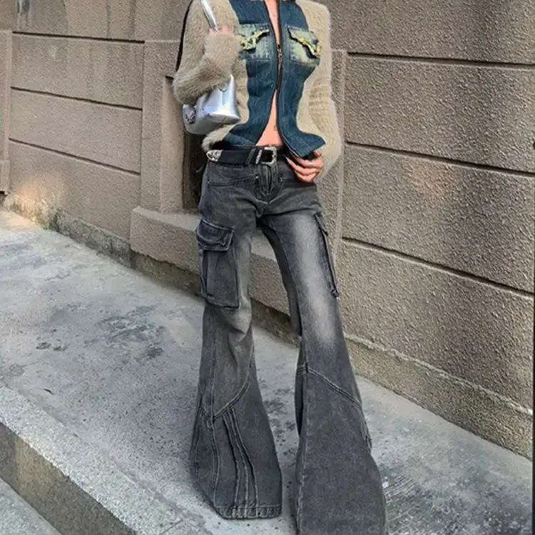 Vevesc Fashion Streetwear Side Pockets Cargo Denim Pants Swxy Low Waist Punk Harajuku Women Trousers Y2k Aesthetic Flare Long Bottoms