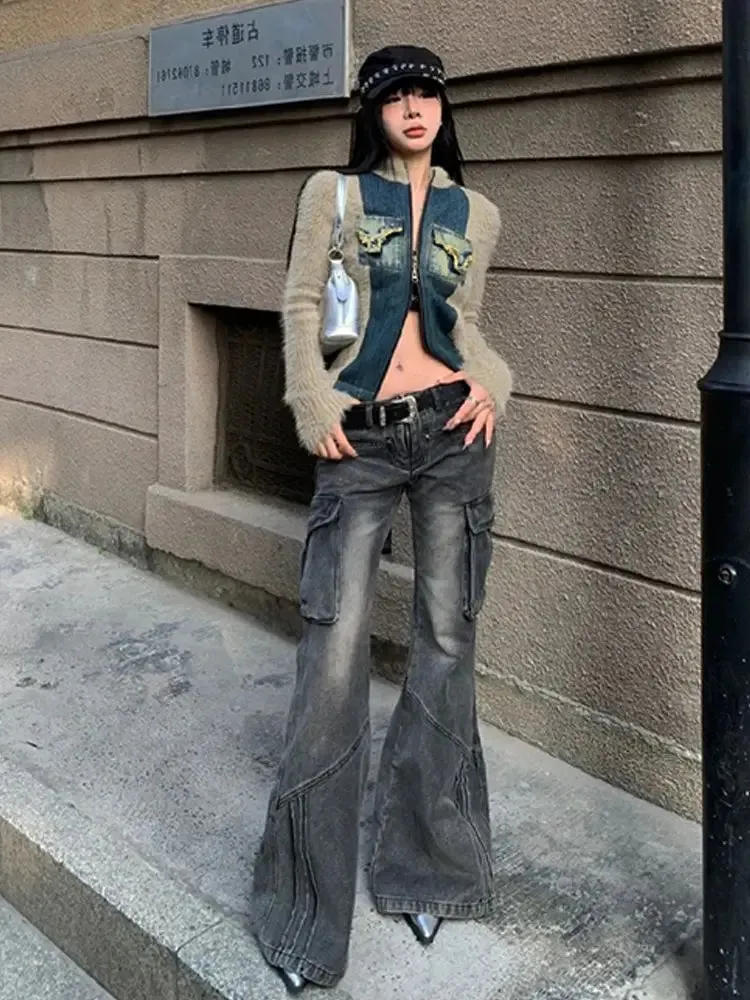 Vevesc Fashion Streetwear Side Pockets Cargo Denim Pants Swxy Low Waist Punk Harajuku Women Trousers Y2k Aesthetic Flare Long Bottoms
