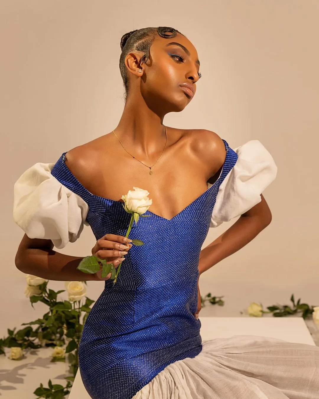 Vibrant Blue Trdaitional Ethiopian Dress: Off Shouldered Modern Design on Habesha Dress Beautiful Habesha Kemis