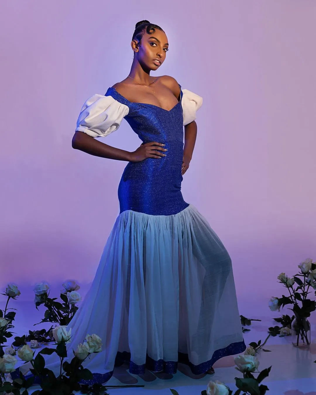 Vibrant Blue Trdaitional Ethiopian Dress: Off Shouldered Modern Design on Habesha Dress Beautiful Habesha Kemis