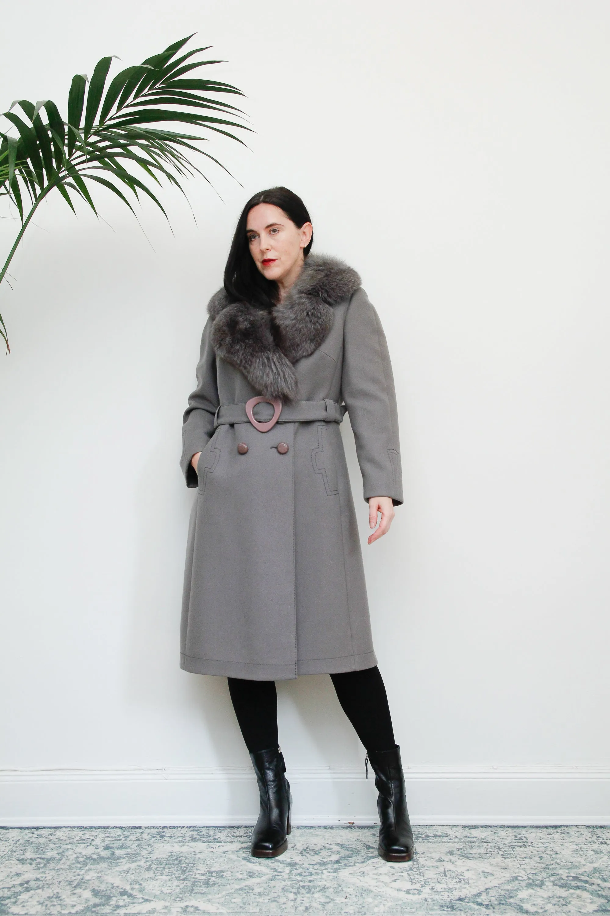 Vintage Wool Grey Trench Coat with Fox Fur Collar Princess Coat