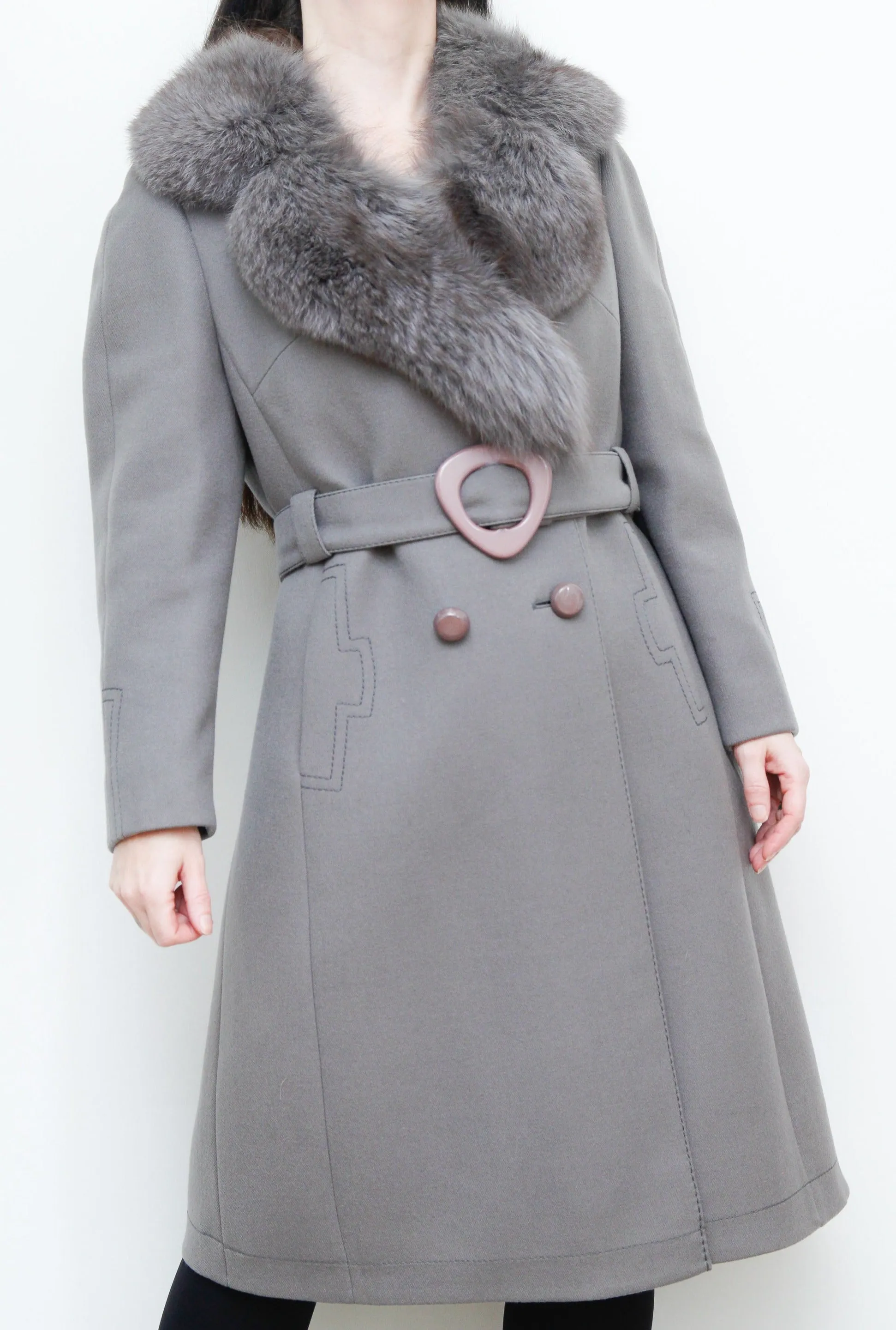 Vintage Wool Grey Trench Coat with Fox Fur Collar Princess Coat