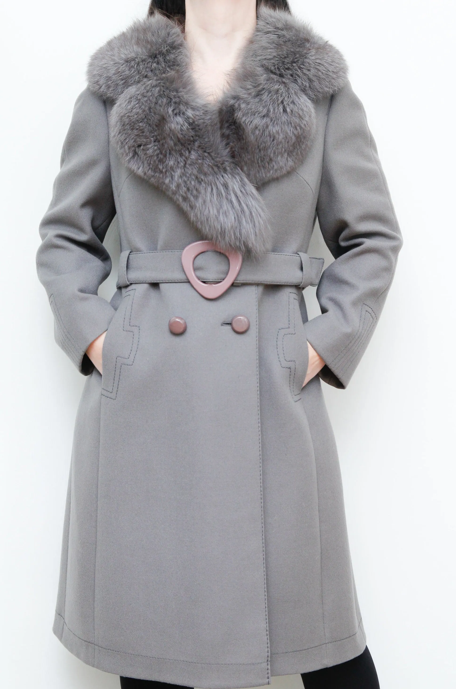 Vintage Wool Grey Trench Coat with Fox Fur Collar Princess Coat