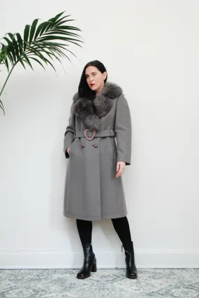 Vintage Wool Grey Trench Coat with Fox Fur Collar Princess Coat