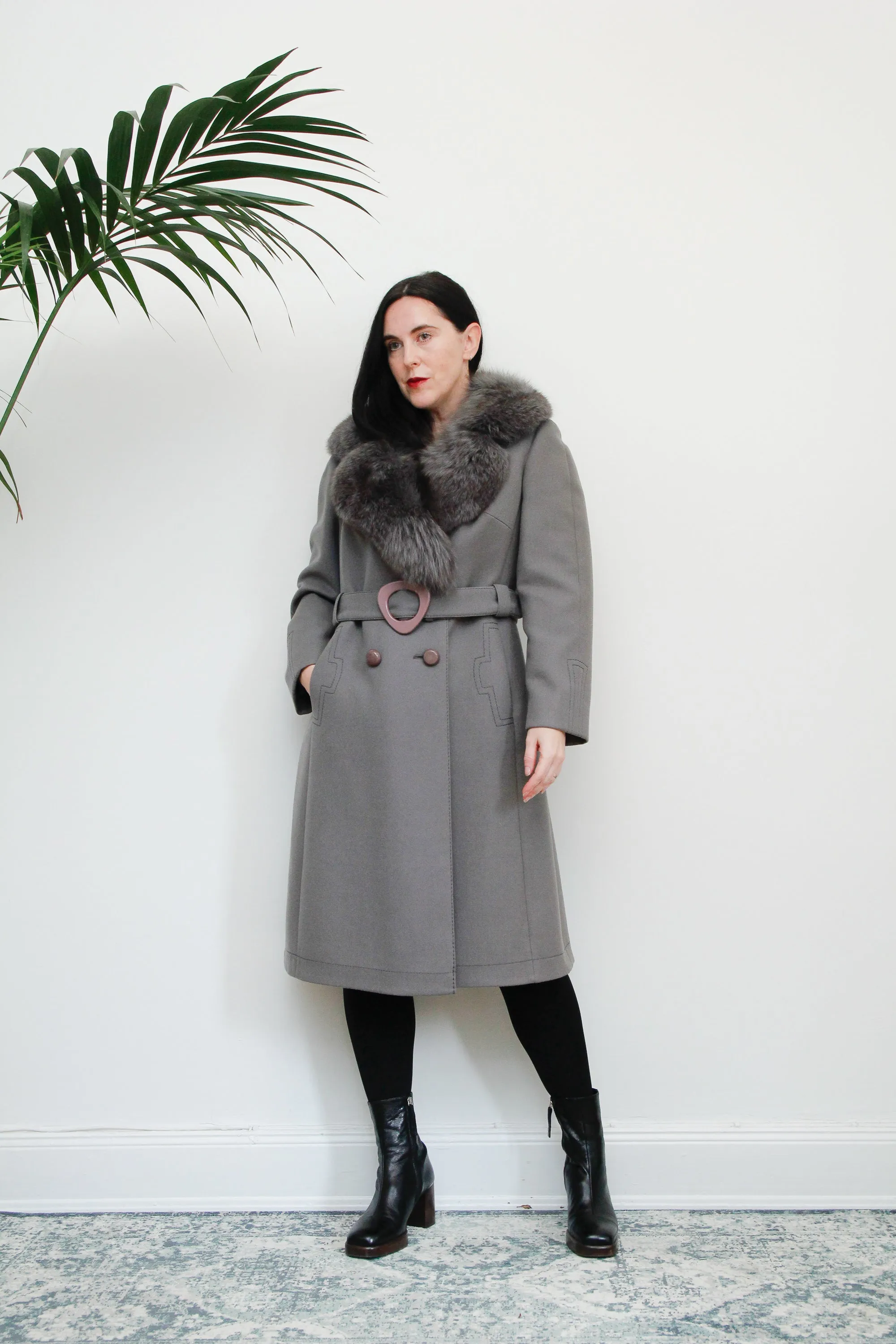 Vintage Wool Grey Trench Coat with Fox Fur Collar Princess Coat
