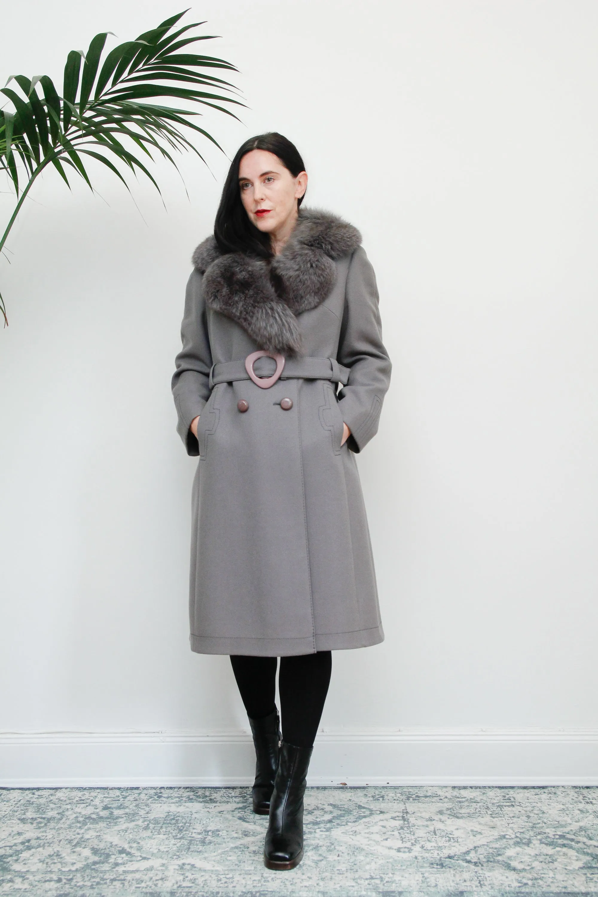 Vintage Wool Grey Trench Coat with Fox Fur Collar Princess Coat