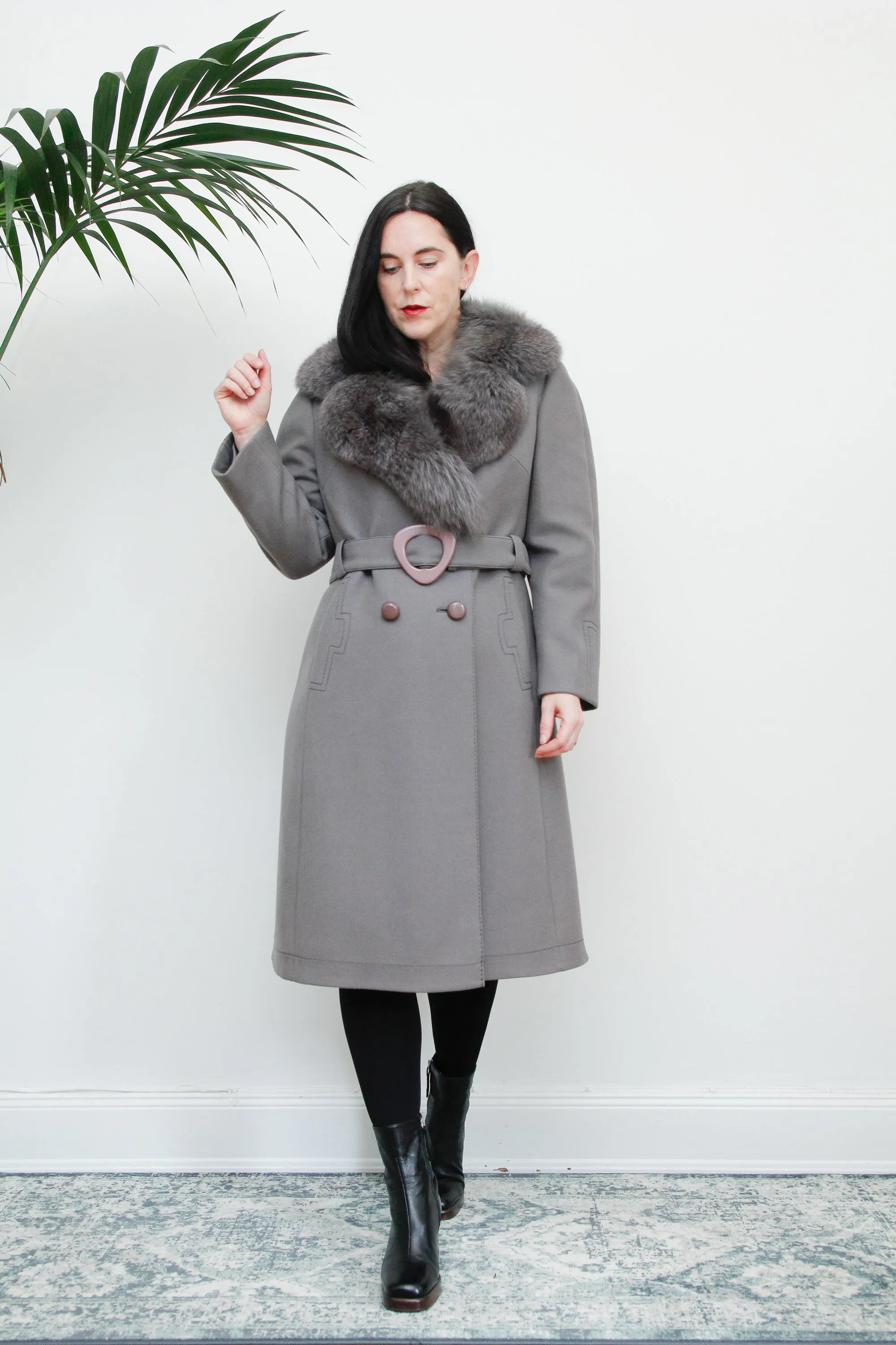 Vintage Wool Grey Trench Coat with Fox Fur Collar Princess Coat