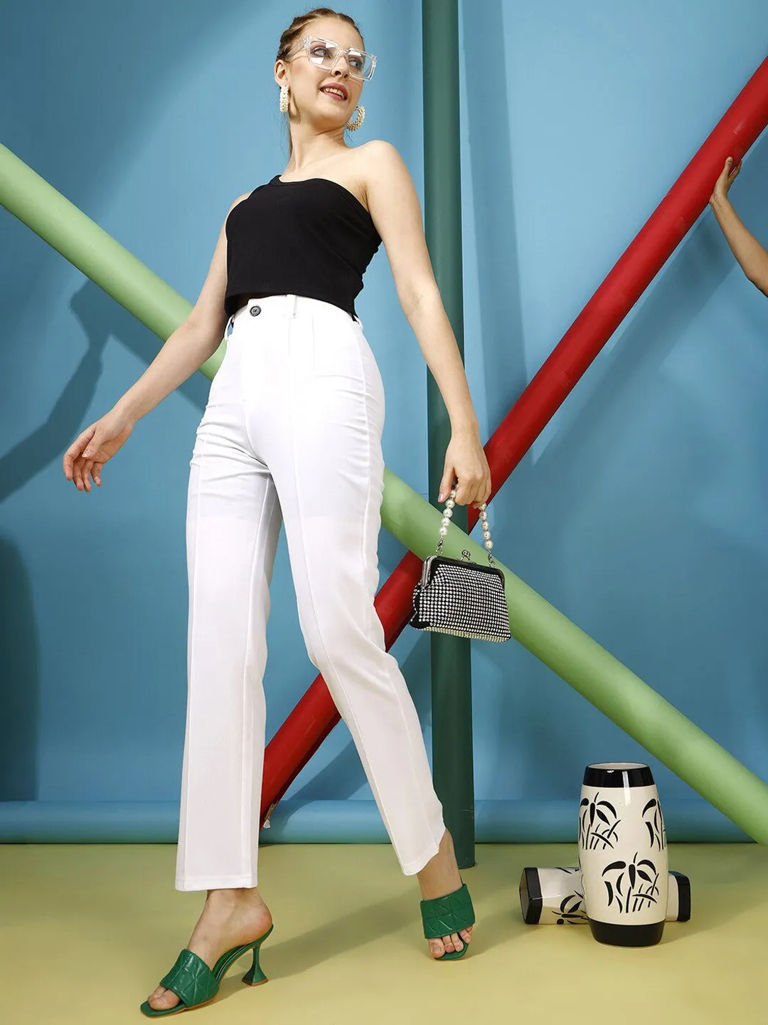 White Solid Regular fit Plain Trouser