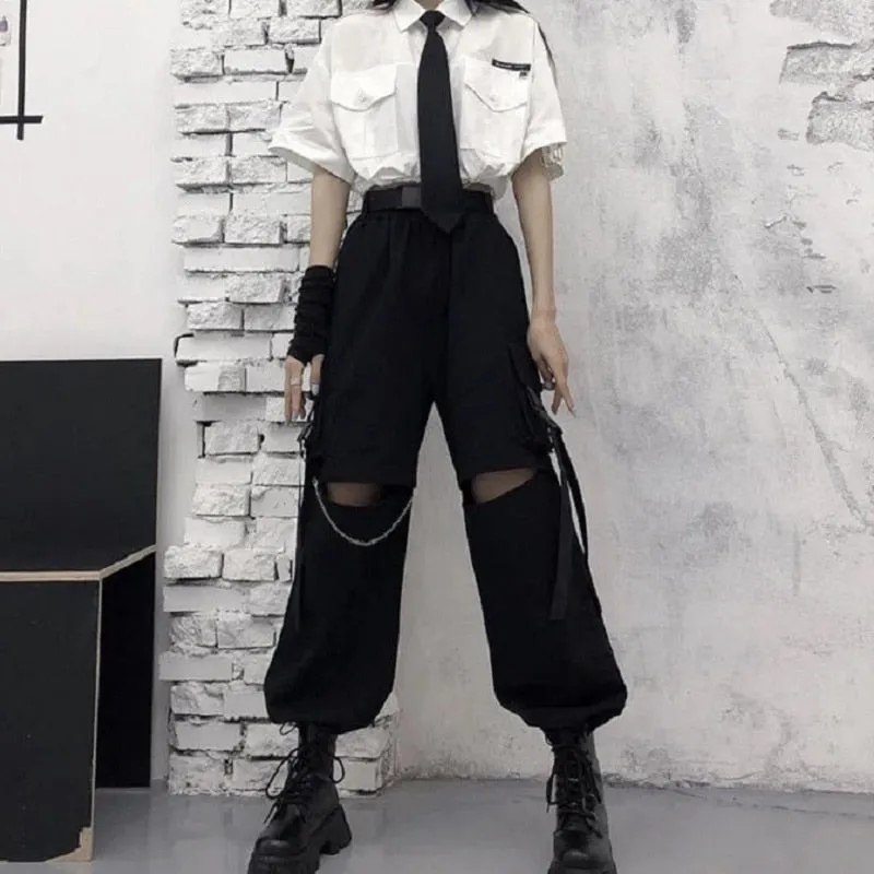 Wjczt Gothic Streetwear Women&#39;s Cargo Pants with Chain Punk Techwear Black Oversize Korean Fashion Wide Leg Trousers 2021 Alt