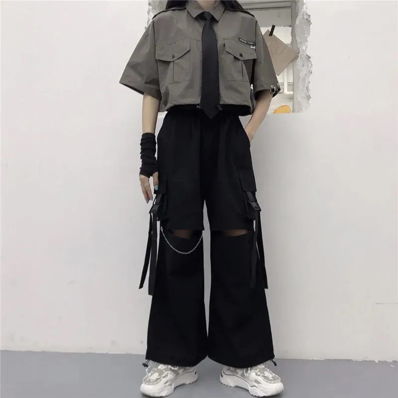Wjczt Gothic Streetwear Women&#39;s Cargo Pants with Chain Punk Techwear Black Oversize Korean Fashion Wide Leg Trousers 2021 Alt