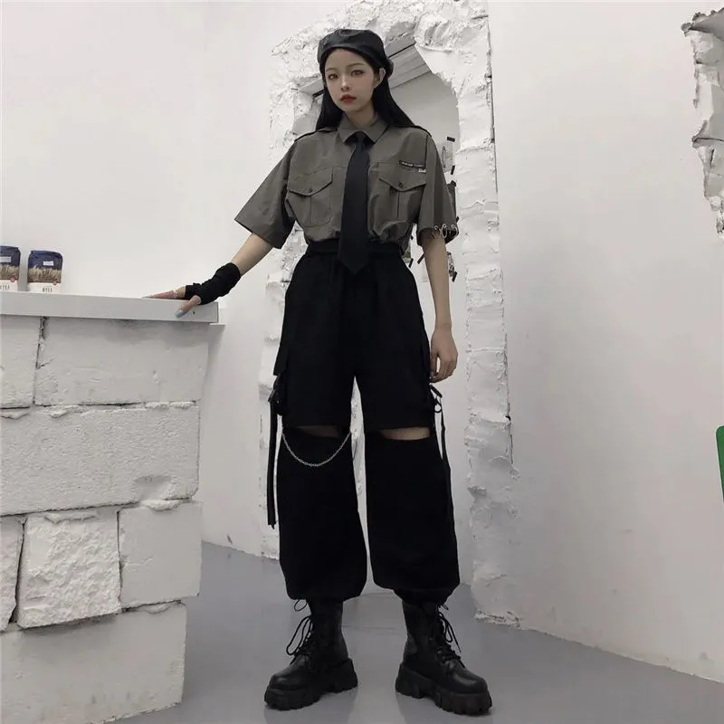 Wjczt Gothic Streetwear Women&#39;s Cargo Pants with Chain Punk Techwear Black Oversize Korean Fashion Wide Leg Trousers 2021 Alt