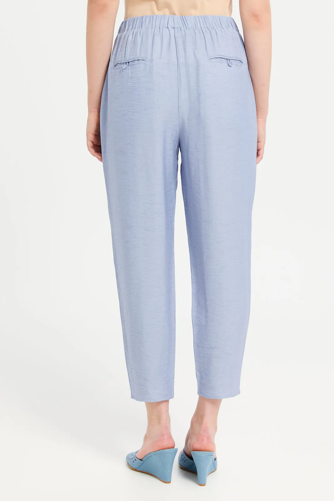 Women Blue Plain Wide Leg Back Elasticated Trouser