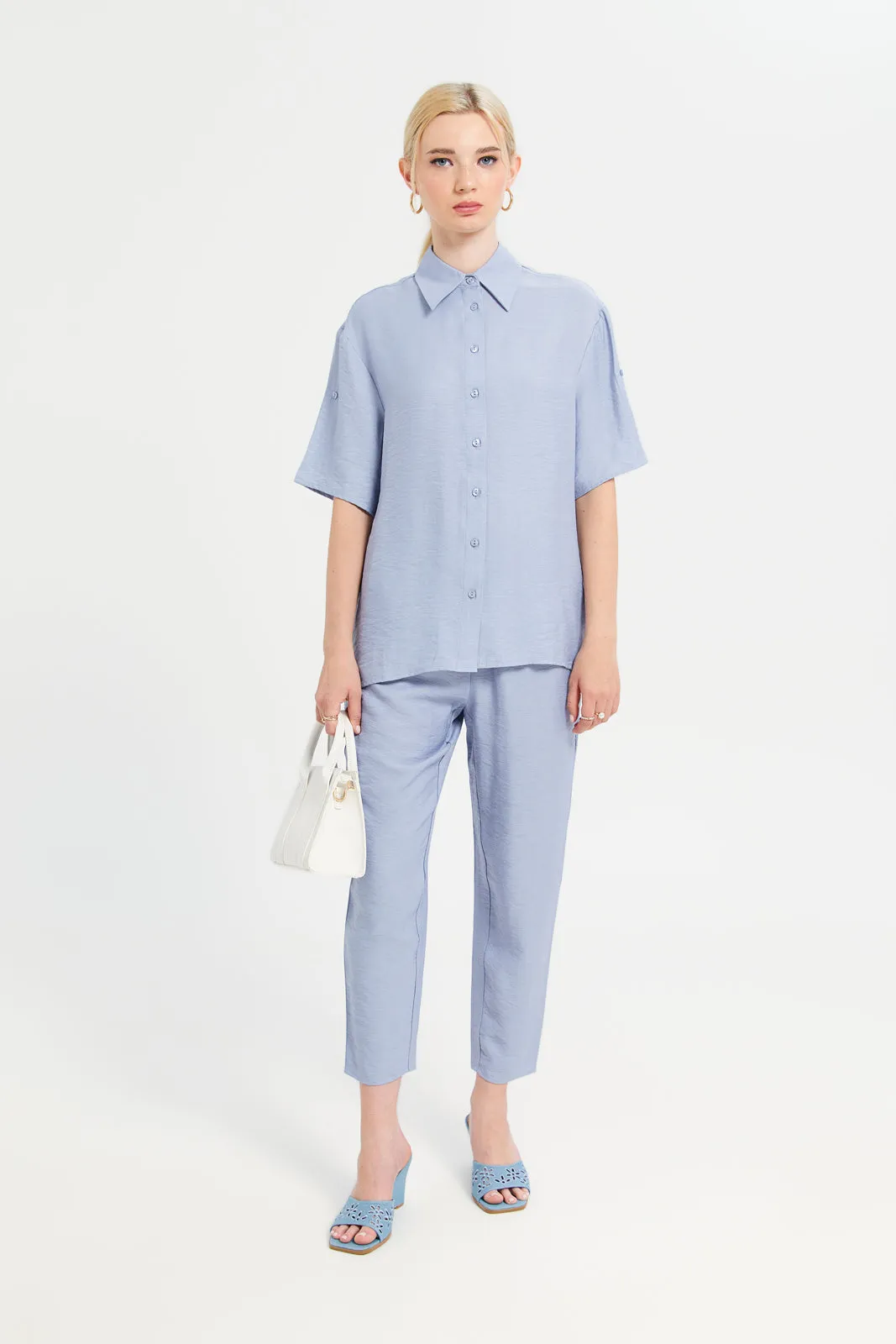 Women Blue Plain Wide Leg Back Elasticated Trouser