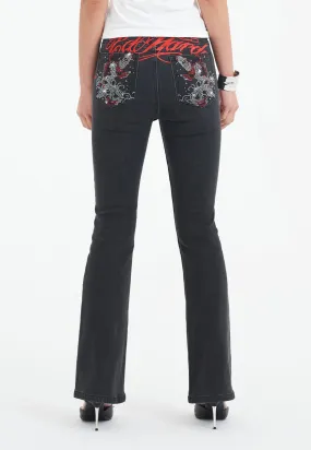 Womens Crystal Koi Flared Denim Trousers Jeans - Black