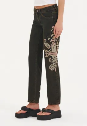 Womens Death & Dishonour Straight Denim Trousers Jeans - Black