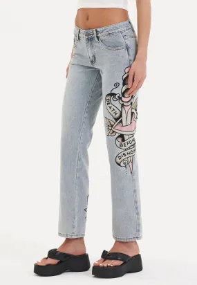 Womens Death & Dishonour Straight Denim Trousers Jeans - Blue