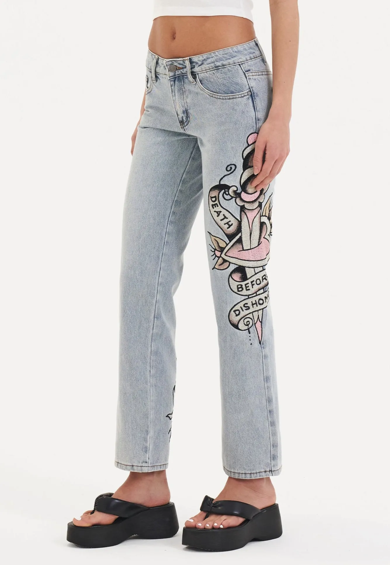 Womens Death & Dishonour Straight Denim Trousers Jeans - Blue