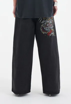 Womens Eagle Skull Diamante Xtra Denim Trousers Jeans - Black