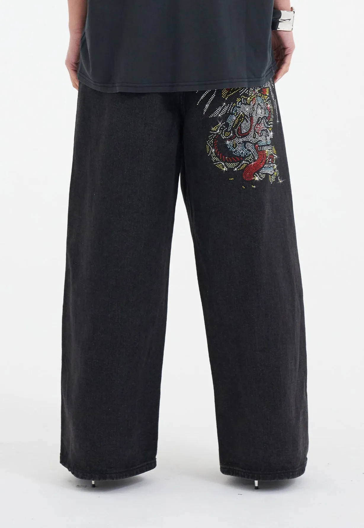 Womens Eagle Skull Diamante Xtra Denim Trousers Jeans - Black