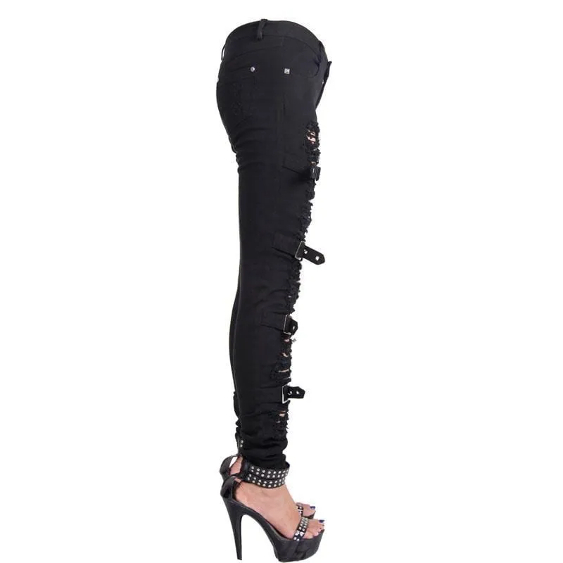 Women's Punk Distressed Trousers With Straps