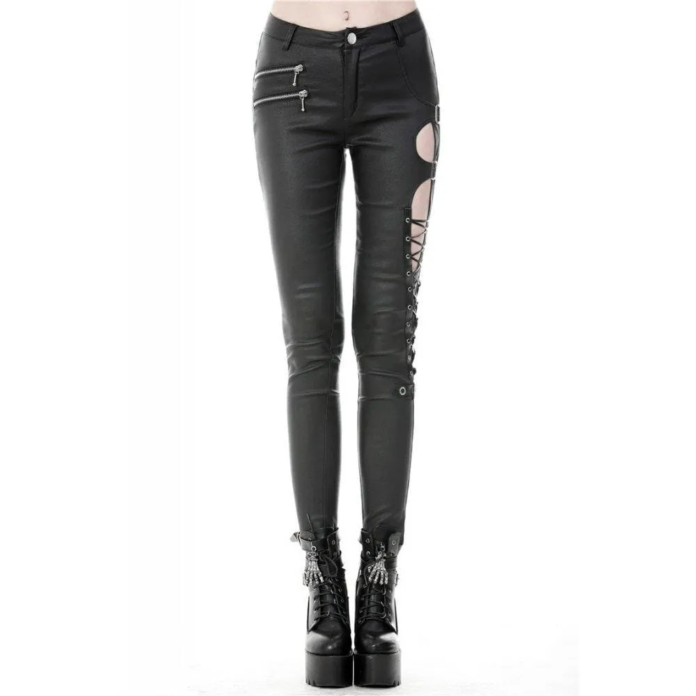 Women's Punk Sexy Hollow Thigh Asymmetrical PU Trousers