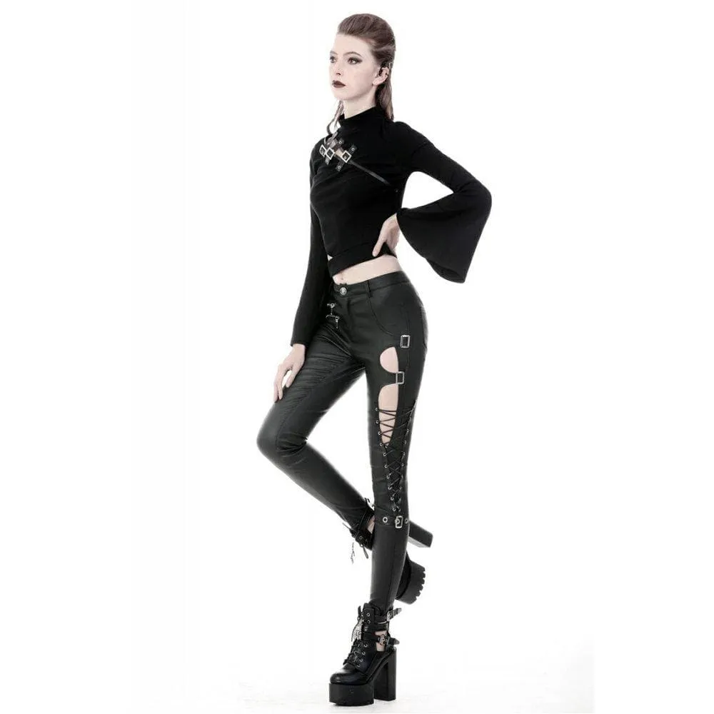 Women's Punk Sexy Hollow Thigh Asymmetrical PU Trousers