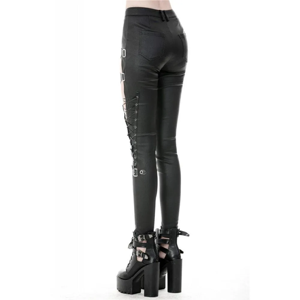Women's Punk Sexy Hollow Thigh Asymmetrical PU Trousers