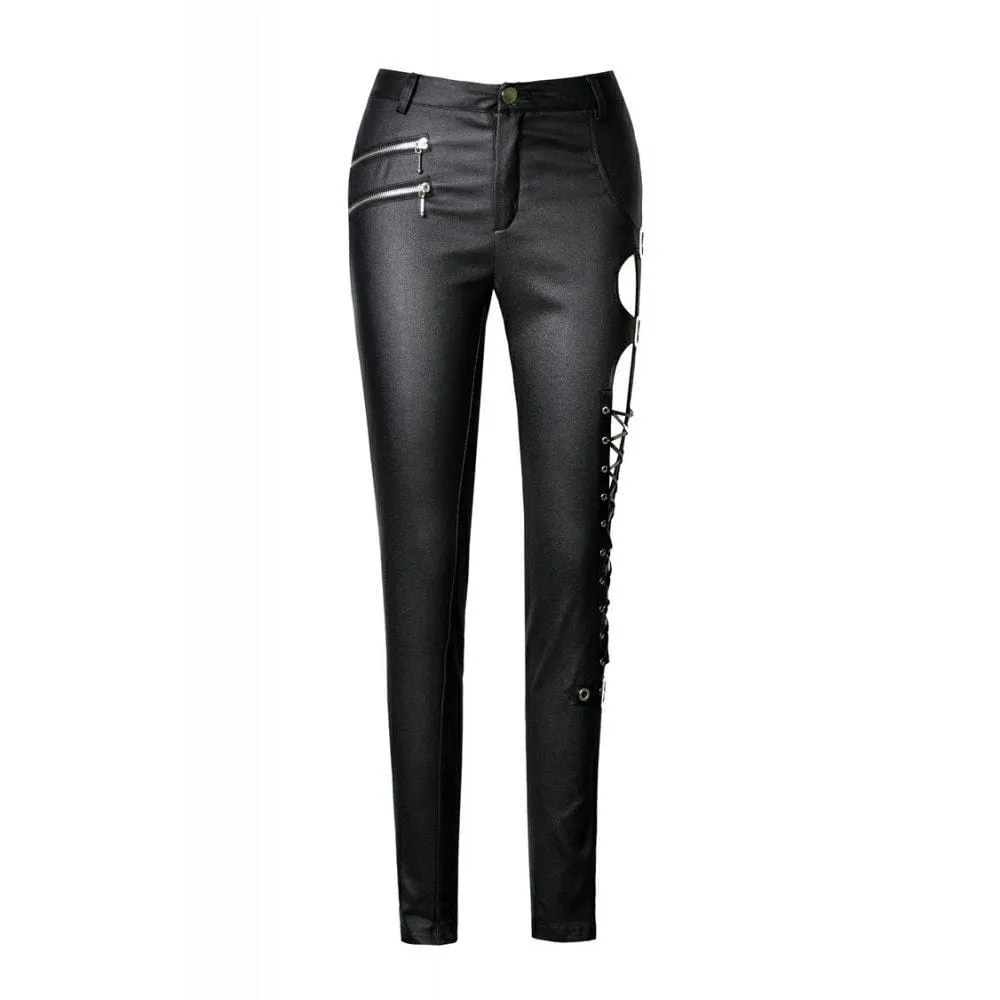 Women's Punk Sexy Hollow Thigh Asymmetrical PU Trousers