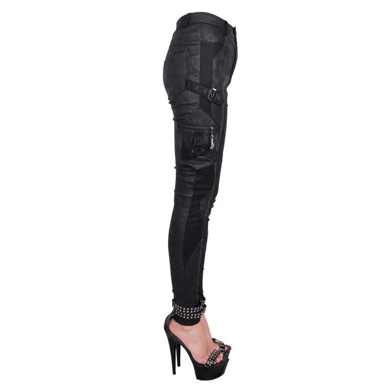 Women's Textured Leather Punk Trousers with Stitched Detail