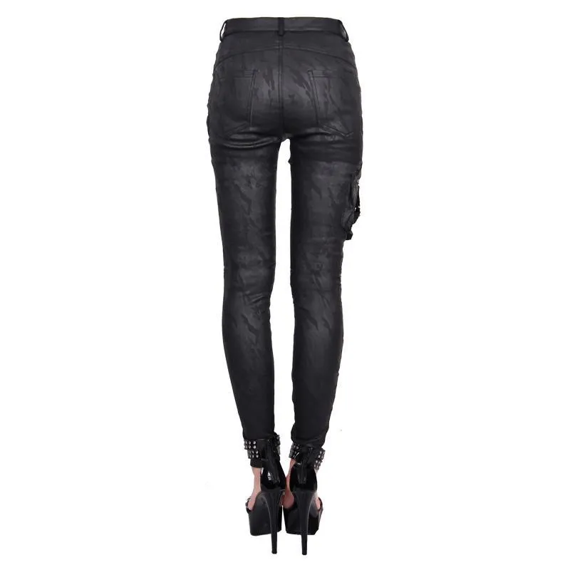 Women's Textured Leather Punk Trousers with Stitched Detail